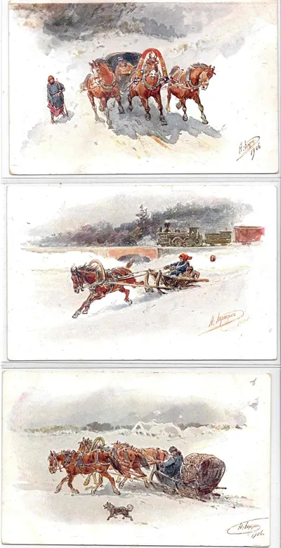 Каразин Н.Н. 6 художественных открыток «Повозки». Издание «Ришар», 1906.