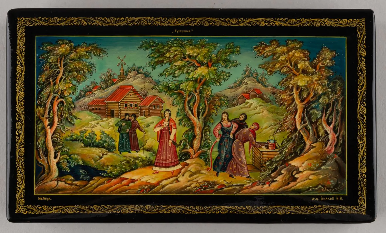 Шкатулка «Кумушки». СССР, Мстера, художник - Волков Н.Н., вторая половина XX века. — фото 2